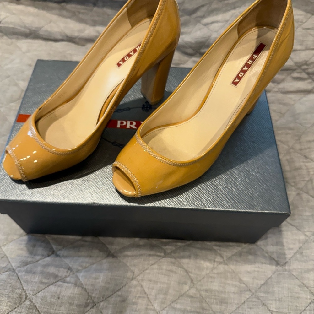 Prada Yellow Cream Peep-Toe Heels